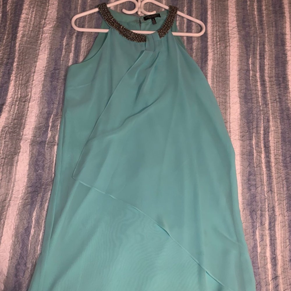 LINEA DOMANI BEADED FLOWY TURQUOISE HALTER DRESS SIZE 12